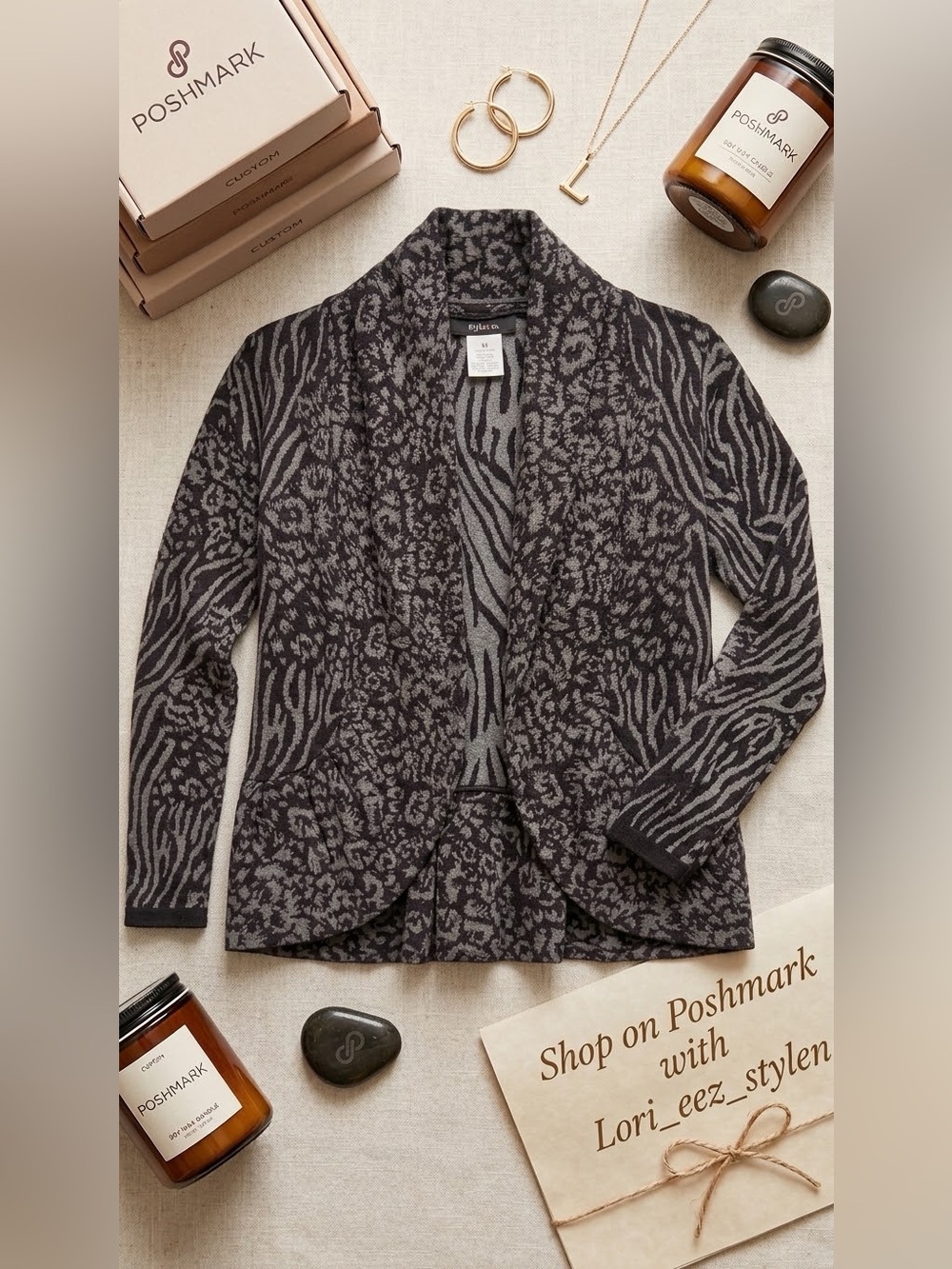 Style & Co. Mixed Animal Print Open-Front Cardigan - Gray & Black